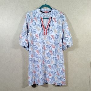 02531 THML white w/blue & orange seashell print midi dress M